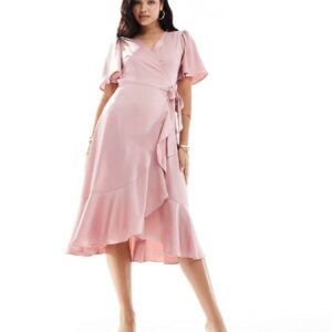 Y. A.S half sleeve wrap midi dress in pale mauve-Pink