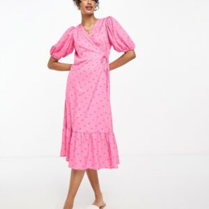 Y. A.S midi wrap dress in pink with cherry print