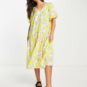 Y. A.S puff sleeve smock midi dress in yellow floral-Multi