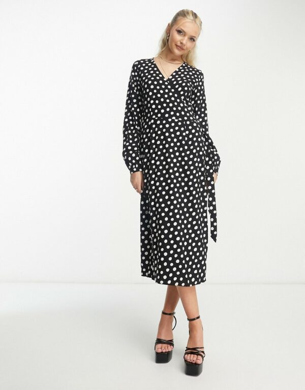 Y. A.S selma long sleeve midi wrap dress in black and white print-Multi