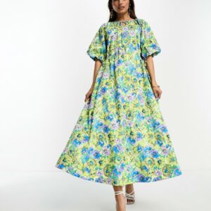 Y. A.S smock midi dress with cut out side details in floral print-Multi