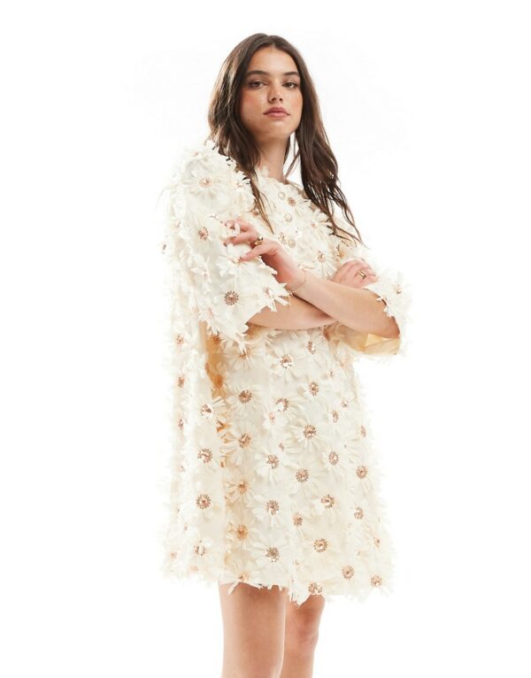 Y. A.S textured smock mini dress with sequin embellishment in cream-White