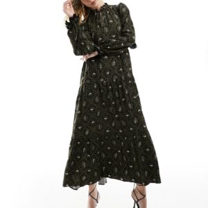 Y. A.S tiered smock maxi dress with lace trim in khaki print-Multi