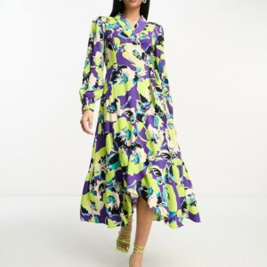 Y. A.S wrap collared midi dress in purple and lime abstract pansy print-Multi