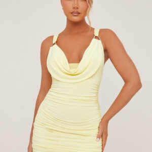 Yellow Cowl Neck Ruched Bodycon Mini Dress - Luca - Size 6