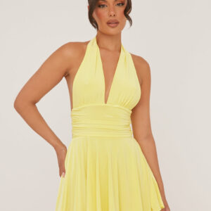 Yellow Halter Plunge Neck Mini Dress - Pippa - Size 10