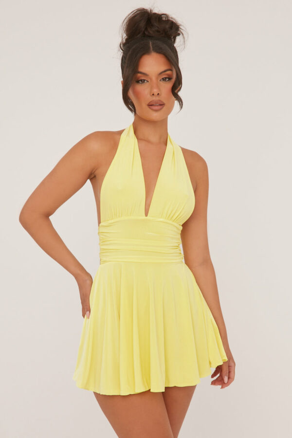 Yellow Halter Plunge Neck Mini Dress - Pippa - Size 10