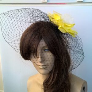 Yellow Satin Flower Black French Veil Veiling Fascinator Millinery Burlesque Hair Clip Hen Party Bridal Ascot Race Fancy Dress British