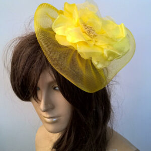 Yellow Satin Flower Crin Netting Fascinator Millinery Burlesque Hair Clip Hen Party Bridal Ascot Race Fancy Dress British