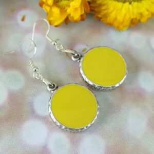 Yellow Silver Disc Earrings, Yellow Round Dangle Drop Earrings in Antique Silver, Short Dress Party