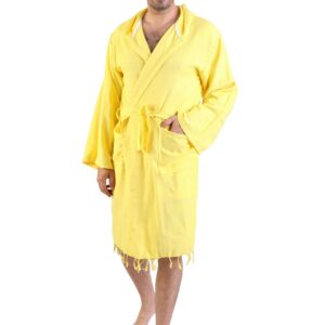 Yellow Turkish Cotton Men Robe, Dressing Gown, Personalized Beach Groomsmen Gift, Bachelor Party Robes, Hooded Robe