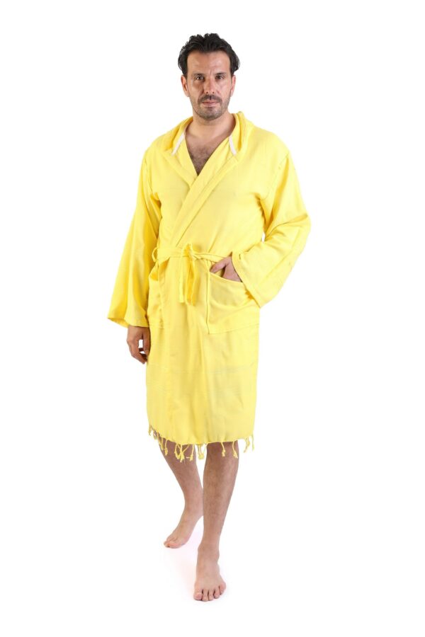 Yellow Turkish Cotton Men Robe, Dressing Gown, Personalized Beach Groomsmen Gift, Bachelor Party Robes, Hooded Robe