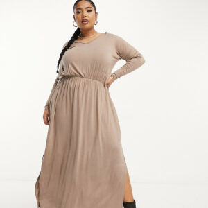 Yours Exclusive long sleeve smock midi dress in mocha-Brown