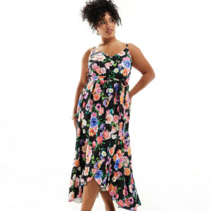 Yours cami sundress with frill hem in floral print-Multi