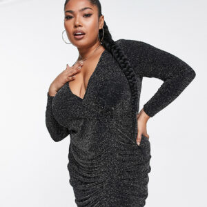 Yours side ruched wrap dress in black glitter-Silver