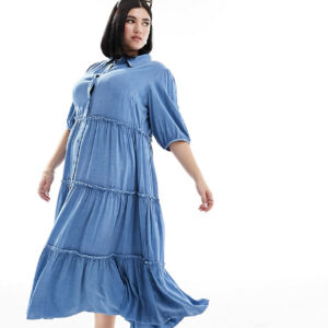 Yours tiered button maxi dress in light blue