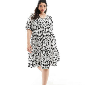 Yours tiered midi dress in black and white floral-Multi