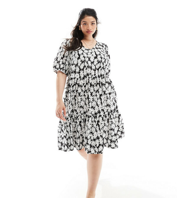 Yours tiered midi dress in black and white floral-Multi