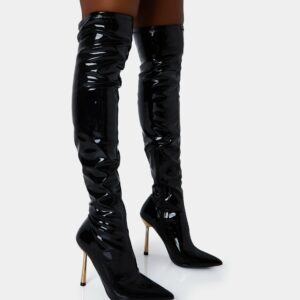 Zhenya Black Patent Pointed Gold Contrast Stiletto Over The Knee Boots