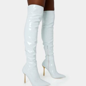 Zhenya White Patent Gold Contrast Stiletto Over The Knee Boots