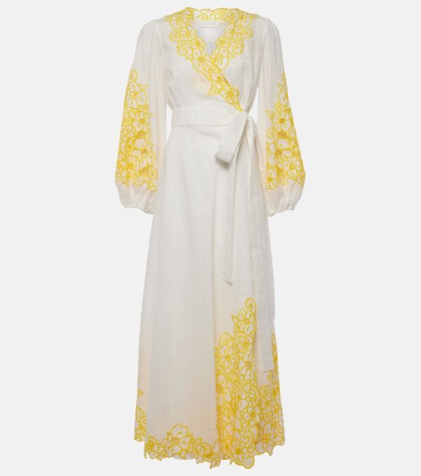 Zimmermann Golden broderie anglaise linen wrap dress