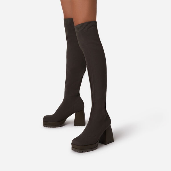 Zora Chunky Platform Sole Block Heel Over The Knee Thigh High Long Sock Boot In Khaki Green Knit, Green