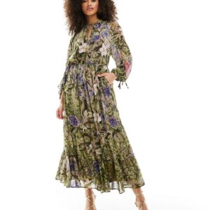 & Other Stories drapey midaxi dress with ruche tie volume sleeves and tiered hem in floral leaf print-Multi