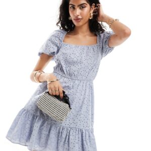 & Other Stories floral broderie embroidered milkmaid mini dress with tiered hem in blue