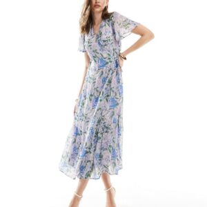 & Other Stories flutter sleeve midi dress with tiered hem in light blue floral print-Multi