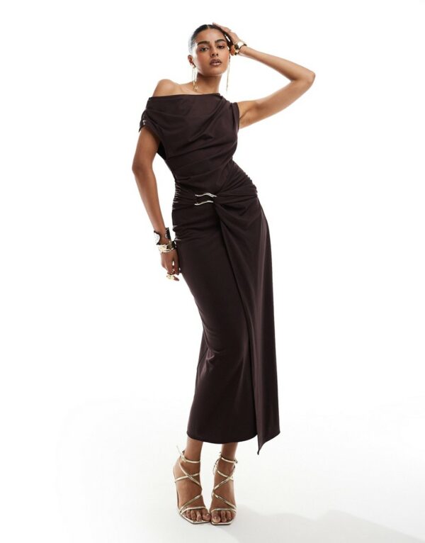 & Other Stories jersey midi dress with drape wrap clasp and asymmetric off shoulder in dark brown