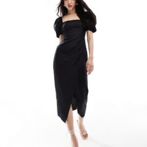 & Other Stories linen blend corset detail midi wrap dress in black