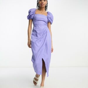 & Other Stories linen blend corset detail midi wrap dress in blue