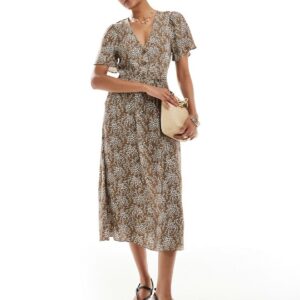 & Other Stories linen blend midaxi dress with ruche bodice detail and tiered hem in floral print-Multi