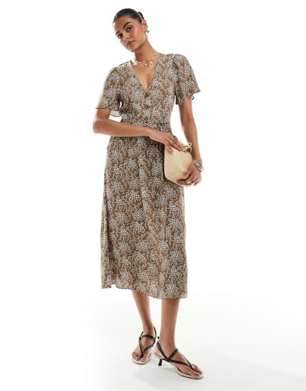 & Other Stories linen blend midaxi dress with ruche bodice detail and tiered hem in floral print-Multi