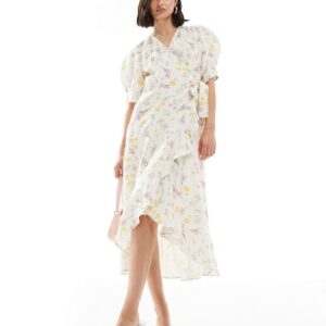 & Other Stories linen drop hem wrap maxi dress in yellow floral print-Multi