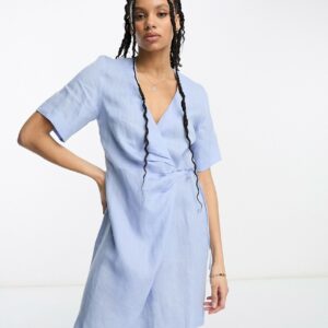 & Other Stories linen mix mini wrap dress in blue