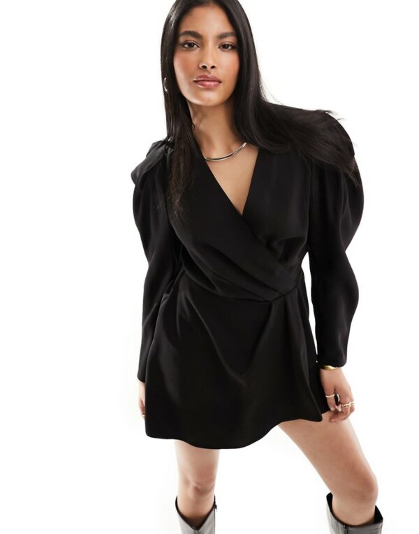 & Other Stories long sleeve wrap mini dress with extended shoulders in black