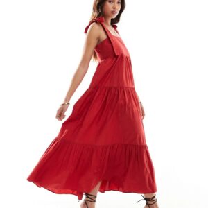 & Other Stories midaxi dress with tiered hem and tied shoulder straps in red