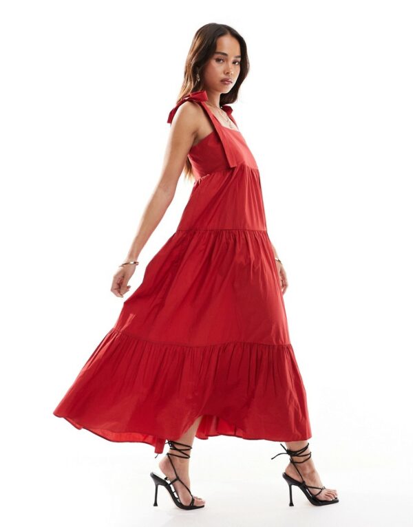 & Other Stories midaxi dress with tiered hem and tied shoulder straps in red