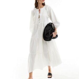 & Other Stories midaxi smock dress with bow bodice detail and volume sleeves in white