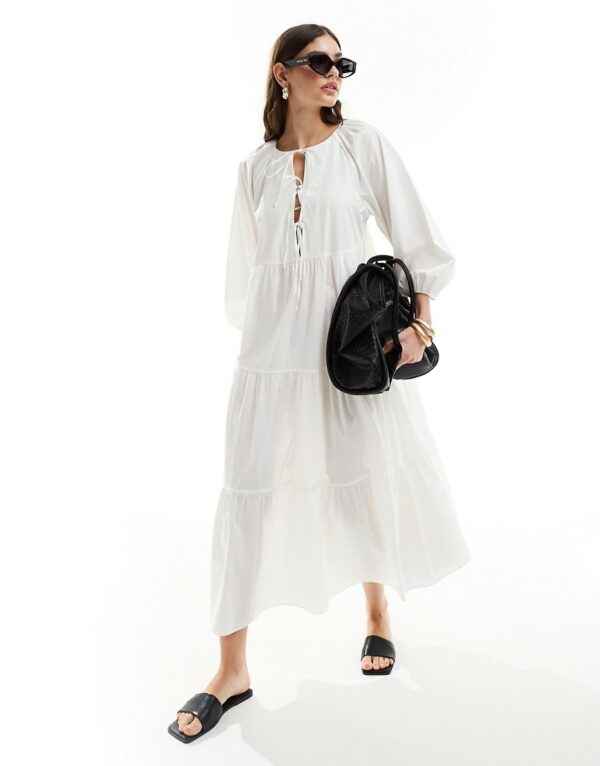 & Other Stories midaxi smock dress with bow bodice detail and volume sleeves in white