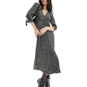 & Other Stories midi dress with ruched front and v neck in mono ditsy print-Black