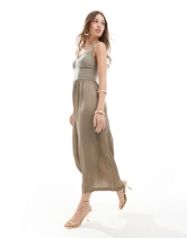 & Other Stories midi slip dress with soft corset detail and full hem in taupe-Brown