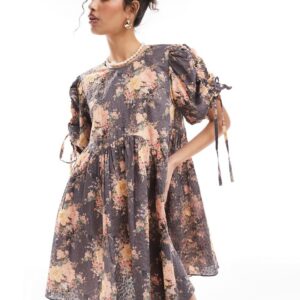 & Other Stories mini smock dress with tie detail volume sleeves in textured floral print-Multi