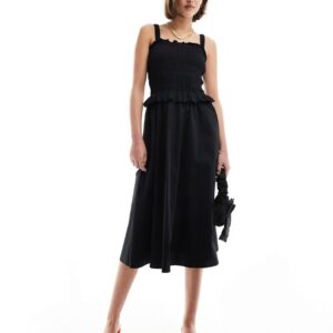 & Other Stories mixed fabric midi dress with ruched square neck bodice and full hem in black-Blue