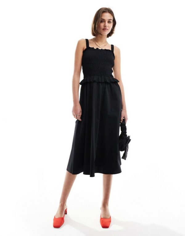 & Other Stories mixed fabric midi dress with ruched square neck bodice and full hem in black-Blue