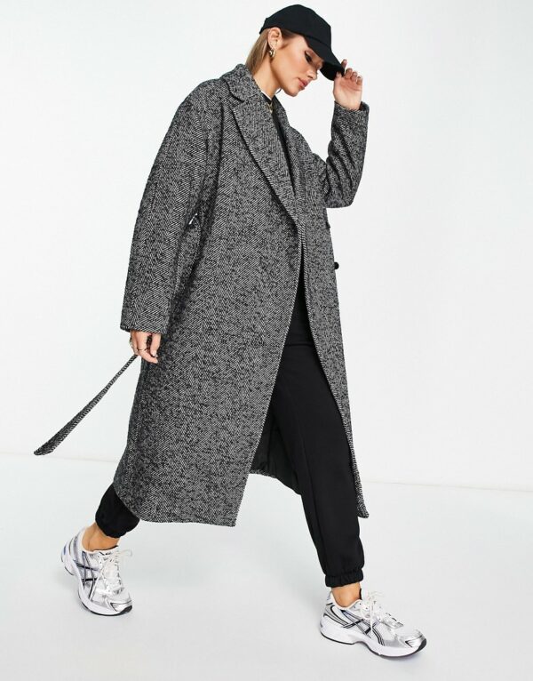 & Other Stories oversize belted wool coat in black herringbone