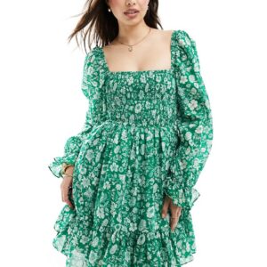 & Other Stories ruche bodice mini dress with volume sleeve and tiered hem in green floral print