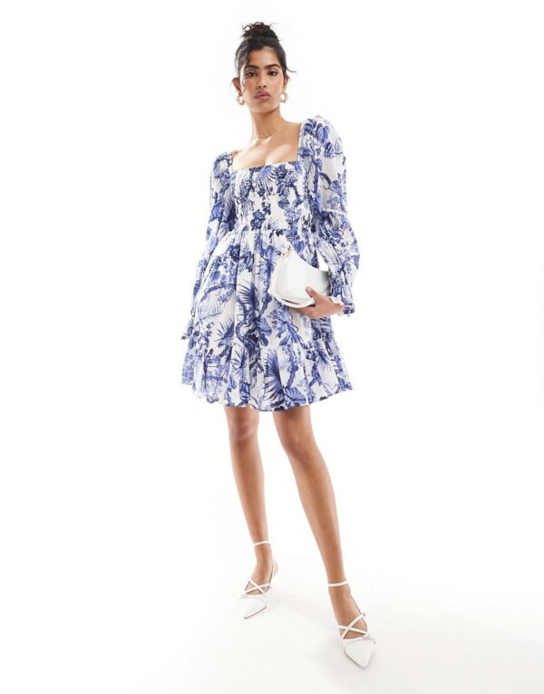 & Other Stories square neck ruche bodice mini dress with volume sleeve and tiered hem in blue floral print-Multi