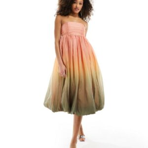 & Other Stories strapless midaxi dress with puffball hem in soft peach and sage ombre print-Multi